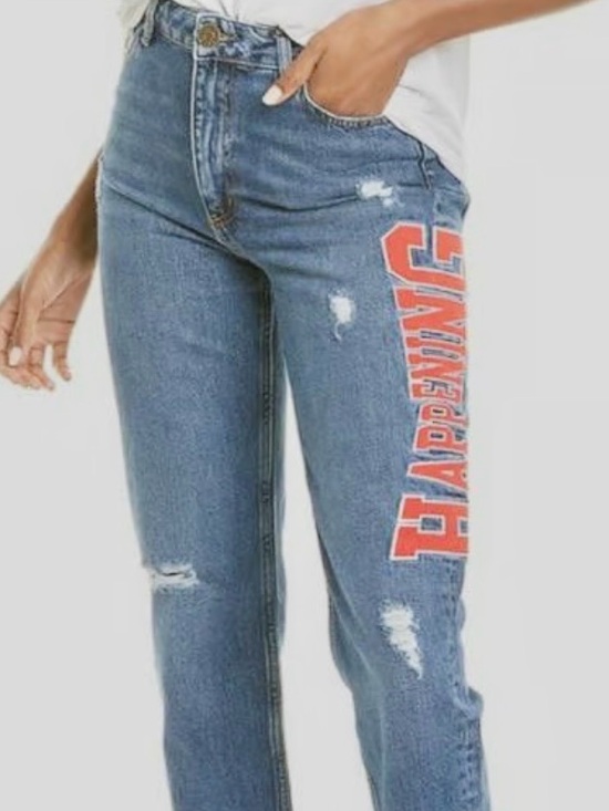 Sandro Paris Denim - SANDRO Paris Embroidered Logo High  Distressed Blue Mom Jeans 10